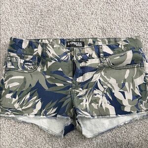Express Women's Blue and Green Patterned Jean Shorts